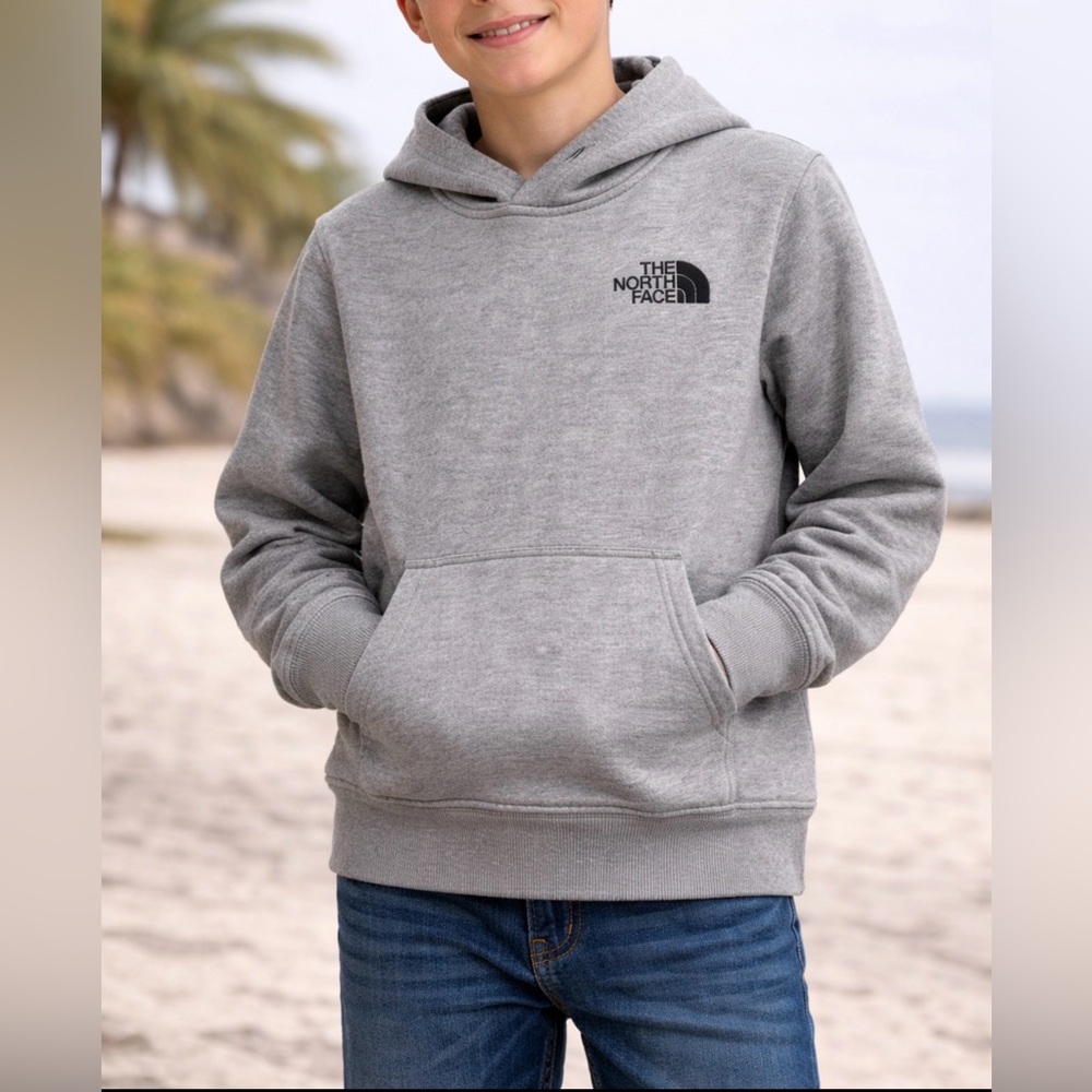The North Face Boys Hoodie Gray Fleece Lined Logo Pullover Size S 7/8